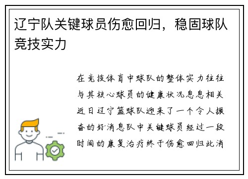 辽宁队关键球员伤愈回归，稳固球队竞技实力